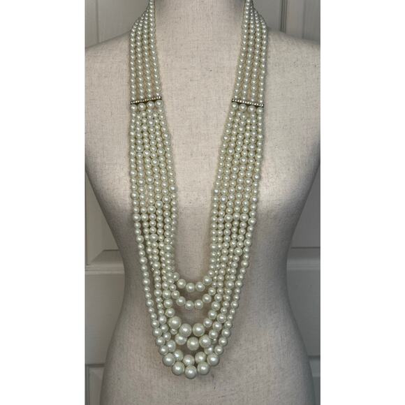 Chicos Multi Strand Pearl Tone Necklace w/ Crystal Bars Statement 38” - Picture 1 of 14